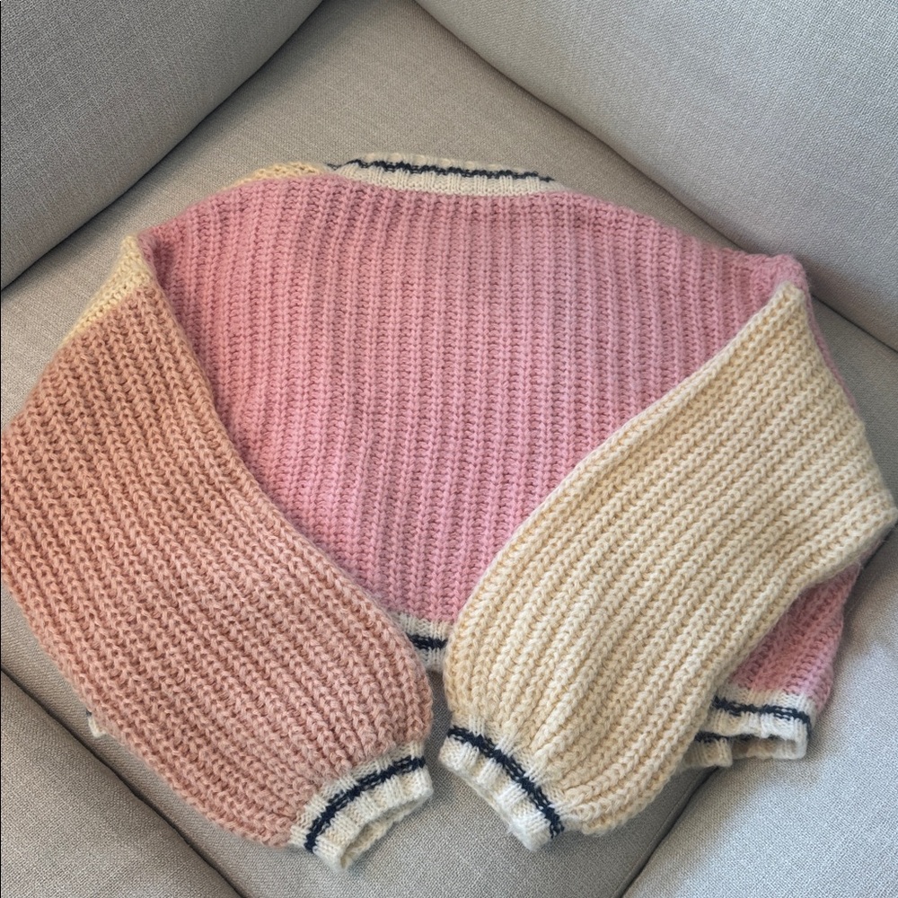 VRG Girl Colorblock Chunky Knit Cardigan XS/S | Pink Cream Oversized Cropped - Picture 5 of 5